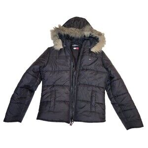 Vtg Y2K Tommy Hilfiger Black Puffer Jacket Faux Fur Trimmed Hood Women's Sz L
